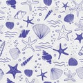Sea shells, seastars and corals seamless background