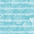 Sea shells, seastars and corals seamless background. Blue white pattern for coloring book, textile, print, wallpaper. life .