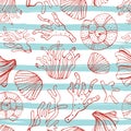 Sea shells, seastars and corals seamless background. Blue and white seamless pattern for coloring book, textile, print