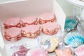 Sea shells shaped french macaroons in soft pastel pink and blue colors Royalty Free Stock Photo