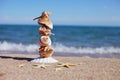 Sea shells and starfish on the beach. Sandy beach with waves. Summer vacation concept. Holidays by the sea Royalty Free Stock Photo