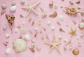 Sea shells and starfish pattern on pink background. Travel, vacation, tourism concept, Summer Royalty Free Stock Photo