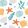 Sea shells and starfish seamless pattern. Cute ocean background. Fun underwater background, great for ocean themes, beach fabrics Royalty Free Stock Photo