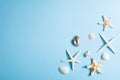 Sea shells and starfishes over blue background with copy space. Summer concept Royalty Free Stock Photo