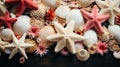 Sea shells and starfishs on a black background, AI Royalty Free Stock Photo