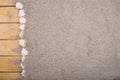 Sea shells on a wooden pier and beach sand. Empty shells of sea snails on the sand Royalty Free Stock Photo