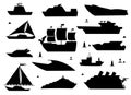 Sea ship silhouettes. Boats adapted to the open sea for coastal shipping, trade and travelling. Vector flat style Royalty Free Stock Photo