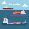 Sea shipping cargo container sailing ship cartoon vector illustration. Seagoing freight transport with loaded container Royalty Free Stock Photo