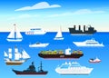 Sea ships background. Set of sailboats and cargo boats sailing on blue water. Transport sailors for world travel. Summer