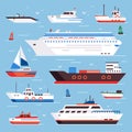 Sea ships. Cartoon boat powerboat cruise liner navy shipping ship and fishing boats isolated front view vector illustration Royalty Free Stock Photo