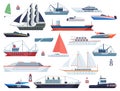 Sea ships. Fishing boat and big vessel for ocean travel on white background design vector shipping set