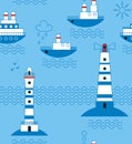 Sea, ships, lighthouses, seagulls, clouds, sun Royalty Free Stock Photo