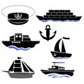 Sea Ships Silhouettes. Anchor Icon. Captain Hat