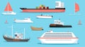 Sea ships, yachts and boats. Sea vessels, cruise ships, boats, wooden row boats, tugboat, fishing boat. Vector Royalty Free Stock Photo