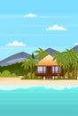 Sea shore beach with villa bungalow hotel tropical seaside mountain green palms landscape summer vacation concept flat Royalty Free Stock Photo