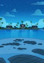 Sea Shore Beach With Villa Hotel Beautiful Seaside Landscape At Night Summer Vacation Concept