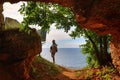 Sea shore cave exploring man Bulgaria Royalty Free Stock Photo