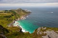 Sea shore landscape, view from the hill to lagoon with turquoise water and sea, Vagsoy island, Norway