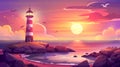 Sea shore with lighthouse at sunset, beacon at scenery dusk view, rocky coast and cloudy sky. Nautical seafarer, cartoon Royalty Free Stock Photo