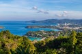 Sea shore tropical rocky beach with palm tree Royalty Free Stock Photo