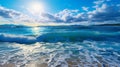 blue sky and white clouds and blue sea water surface with foam waves sand beach, AI generated Royalty Free Stock Photo