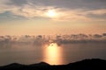 Sea, sky, beautiful structure of clouds, majestic landscape with seascape at calm sunset on horizon of mediterranean coast. Royalty Free Stock Photo