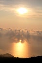 Sea, sky, beautiful structure of clouds, majestic landscape with seascape at calm sunset on horizon of mediterranean coast. Royalty Free Stock Photo