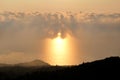 Sea, sky, beautiful structure of clouds, majestic landscape with seascape at calm sunset on horizon of mediterranean coast. Royalty Free Stock Photo