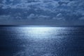 Sea and sky in the bottom half is a calm deep blue sea, on the horizon is a line of white shimmering glowing light from the moon