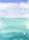 Sea and sky, seascape with boat and seagulls