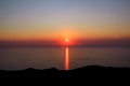 Sea, sky, sunset on horizon of mediterranean coast. Amazing sunset vibes on edge ocean. Sunrise over sea. Beautiful landscape.