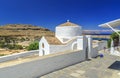 Sea skyview landscape photo bay and orthodox church in Lindos on Rhodes island, Dodecanese, Greece. Panorama with nice sand beach Royalty Free Stock Photo