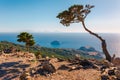 Sea skyview landscape photo from ruins of Monolithos castle on Rhodes island, Dodecanese, Greece. Panorama with green mountains Royalty Free Stock Photo