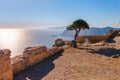 Sea skyview landscape photo from ruins of Monolithos castle on Rhodes island, Dodecanese, Greece. Panorama with green mountains Royalty Free Stock Photo