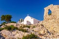Sea skyview landscape photo from ruins of Monolithos castle on Rhodes island, Dodecanese, Greece. Panorama with green mountains Royalty Free Stock Photo