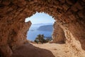 Sea skyview landscape photo from ruins of Monolithos castle on Rhodes island, Dodecanese, Greece. Panorama with green mountains Royalty Free Stock Photo