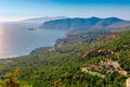 Sea skyview landscape photo from ruins of Monolithos castle on Rhodes island, Dodecanese, Greece. Panorama with green mountains Royalty Free Stock Photo