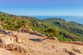 Sea skyview landscape photo from ruins of Monolithos castle on Rhodes island, Dodecanese, Greece. Panorama with green mountains Royalty Free Stock Photo