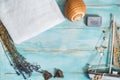 Sea spa, white towel, blue wooden old background. lavender and dry lotus flowers. sea shell. Purple bath soap.Wooden boat with Royalty Free Stock Photo