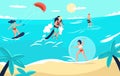 Sea sport. Cartoon people doing extreme activities on beach. Woman windsurfing. Man flying on jetpack. Teenager riding Royalty Free Stock Photo