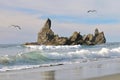 Sea stack in the ocean with waves and seagulls flying over. Royalty Free Stock Photo