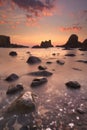 Sea stacks at Ballintoy Harbour, Northern Ireland at sunset