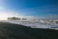 Sea stacks through haze at Rialto Beach, Mora Area, Olympic National Park, Washington Royalty Free Stock Photo