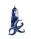 Sea starfish and lighthouse tower blue and white vector outline