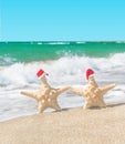 Sea-stars couple in santa hats walking at sea beach. Royalty Free Stock Photo