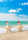 Sea-stars couple in santa hats walking at sea sandy beach. Royalty Free Stock Photo