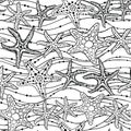 Sea stars hand drawn vector seamless pattern. Marine and summer background in black and white Royalty Free Stock Photo