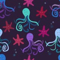 Vector seamless pattern with funny cartoon octopus