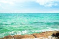 Sea Stone at Coast, Mockup Stage Podium Rock Ocean Island, Scene Coastline Summer Tropical Nature Shore with Blue Sky, Table Royalty Free Stock Photo