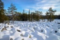 Sea of stones covered with snow, beautiful winter landscape. On the way to the mountains. Royalty Free Stock Photo